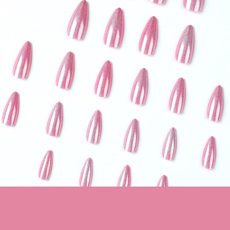 CTTHNBD Press on Nails Almond - Medium Fake Nails with Chrome Colorful Design - Pink False Nails Press ons - for Women 24 Pcs - Image 4
